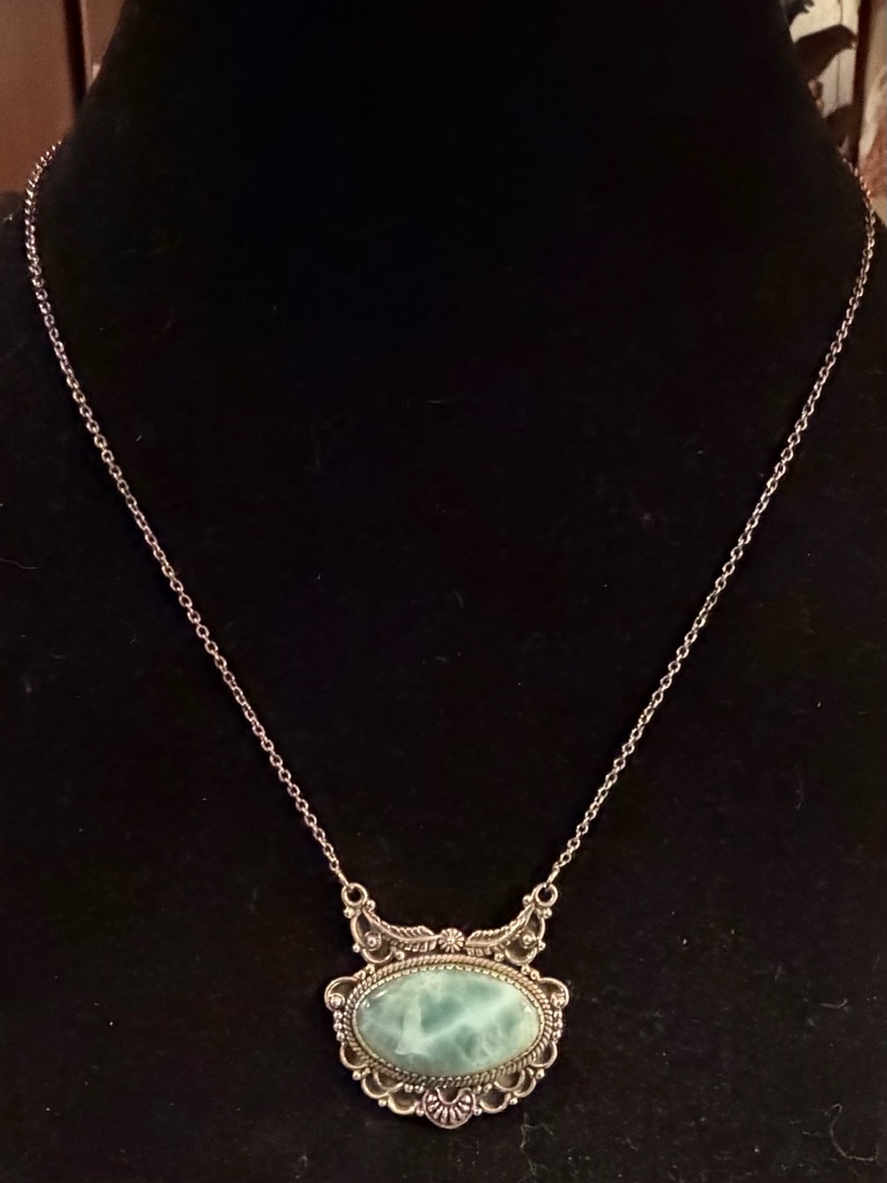 Sterling Silver 925 Solid Larimar Pendant Necklace 18 To 20” Adjustable Length